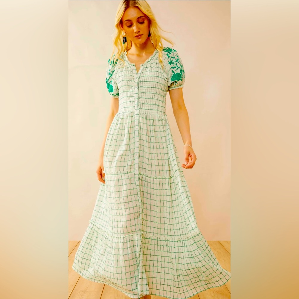 Green Check Maxi Dress with Floral Puff Sleeves